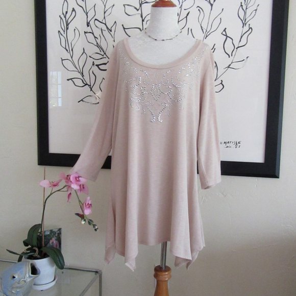 FRENCH BAZAAR beige studded oversized tunic shirt - handkerchief hem - Womens XL - Picture 1 of 8